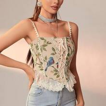 Womens Vintage 1920s Renaissance Lace Trim Corset Bustier, Retro Fashion - Beige - 查看 4
