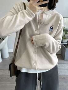 Embroidered Bear Knit Cardigan Women, Single-Breasted Round Neck Long Sleeve Sweater Jacket