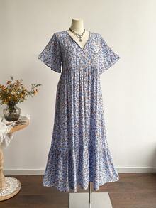 Rusttydustty Đầm Maxi Hoa Xanh Cổ Điển Cỡ Lớn, Cổ Chữ V, Tay Ngắn, Cạp Cao, Dáng Rộng, Dài, Thường Ngày, Mặc Hàng Ngày & Dã Ngoại, Đầm Họa Tiết Hoa Boho - Màu xanh lam - Xem 9