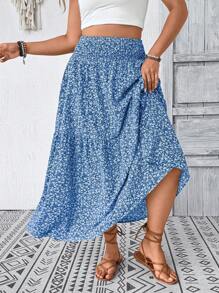 Plus Size Fall Blue Ditsy Floral Long Skirt For Women
