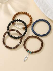 5pcs/6pcs Set Vintage Bohemian Wooden Bead, CCB, Zinc Alloy, Resin Leaf, Turtle, Infinity Symbol Elements Handmade Braided Bracelet Set Suitable For Men And Women, Daily, Beach, Holiday Wear