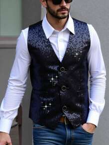 Men's Black Vest, No Bow, Solid Color Party V-Neck Vest, Suitable For Disco, Nightclub, Party, Birthday Party, Graduation Ball