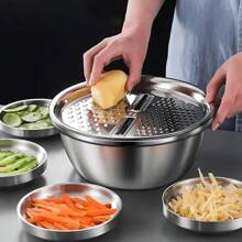 3 PiecesFood-Stainless Steel Kitchen Prep Set: Integrated Grater, Multifunctional Strainer, And Mixing Bowl With Drainage System For Washing, Slicing Fruits, Vegetables, And Cheese