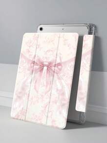 Beautiful Pink Flower Bow Pattern Transparent Silicone Shock-Absorbing Stand With Pen Slot, Suitable For Galaxy Tab A8 10.5, S6 Lite 10.4, S7/S8/S9Inch. It Supports Sleep Awakening As A Holiday Gift