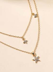 1pc Fashionable Elegant Minimalist Versatile Floral Rhinestone Inlay Five Petal Flower & Four Leaf Clover Tassel Multi-Layer Necklace, Suitable For Banquet, Party, Gift For Ladies