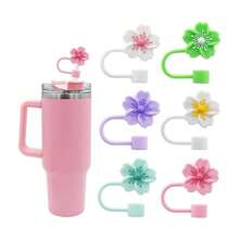 1/2/3/4/5/6/7/8 piezas Tapa de silicona con diseño de flor compatible con accesorios para taza , tapas reutilizables para sorbetes de 10 mm (0.4 pulg.), a prueba de polvo, para decoración de fiestas, regalo para el Día de la Madre. - Multicolor - Ver 1