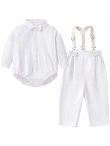 New Summer Children's Baby Boy 4-Piece Suit, White Long-Sleeved Fashionable Top, Detachable Suspenders And Trousers, Suitable For Spring And Summer Home Wear, Suitable For 3-12 Months Baby Suit Clothing