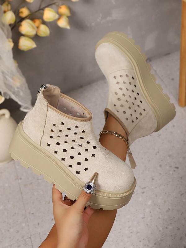 Fashionable Hollow Breathable Platform Chunky Heel Round Toe Slip-On Ankle Boots