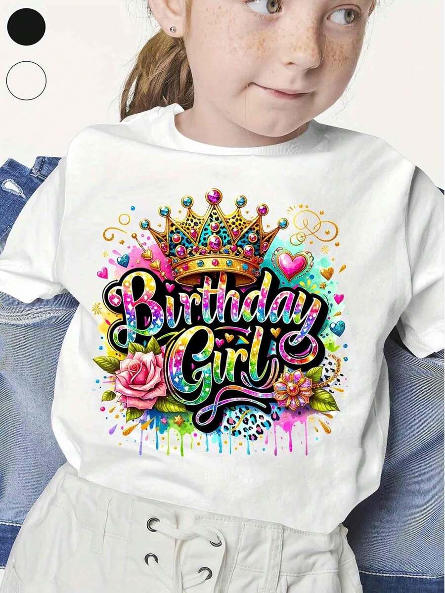Happy Birthday, Girl   Printed T-Shirt, Suitable For Pretty Girls - Casual Style, Elastic Polyester Fiber Short Sleeved T-Shirt, Perfect For Outdoor Activities In Spring And Summer - White - View 1