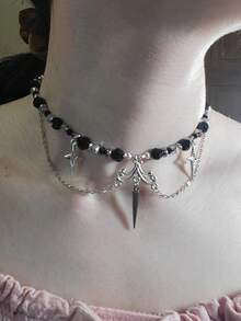 1pc Hollow Star Rivet Crystal Beaded Geometric Pendant Fringe Punk Necklace, Multi-Color Stainless Steel, Suitable For Lady's Dance, Music Festival, Party And Daily Wear Accessories - Nhiều màu - Xem 2