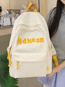1pc White Nylon Casual Collegiate Style Letter Print Large Capacity Foldable Quilted Multi-Pocket Zipper Backpack, Suitable For Daily School, Training, Women's Commute, Outing, Shopping, Travel, Vacation, Gifts For Back To School And Graduation Season