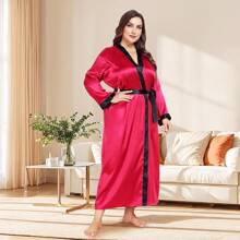Womens Plus Size Silky Satin Kimono Robe Floral Long Bathrobe Wedding Sleepwear Dressing Gown
