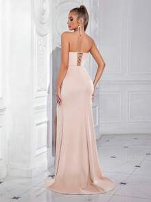 ADYCE Elegant Sweetheart Neck Ruched Front High Slit Waisted Backless Cocktail Party Evening Bodycon Long Prom Dress, Formal Gown, For Wedding Guest, Graduation, Dinner Elegant Wedding Guest Dress Women - Apricot - View 2