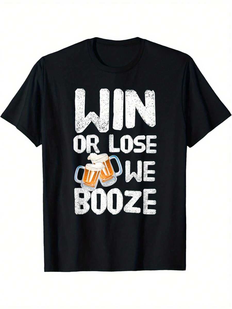 Gane o pierda, nos emborrachamos - Camiseta de equipo Camiseta 180 g, 100% algodón puro de manga corta, esencial para verano y primavera, cuello redondo casual holgado, camiseta estampada con letras para hombres, adecuada para entusiastas del deporte - Negro - Ver 1