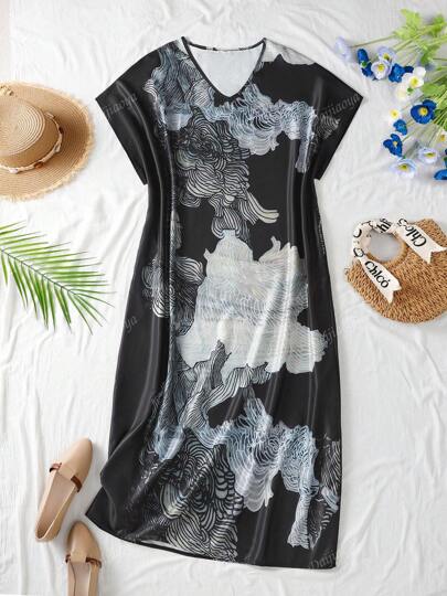 V-Neck Retro Floral Print Casual Robe With Short Sleeves, Bohemian Beach Robe