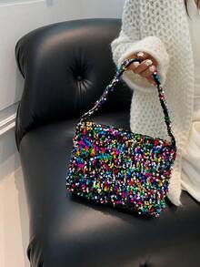 1 pieza Bolso de hombro con correa magnética a presión con cremallera de cristal sintético brillante de PVC, adecuado para mujeres, outfit de fiesta - Multicolor - Ver 7