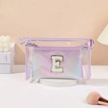 2pcs Letter Laser Makeup Bag, Transparent Jelly Travel Organizer Pouch, Large Capacity High-End Toiletry Bag