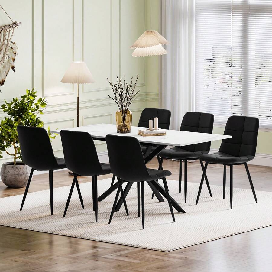 Extendable Dining Table And Chairs Set 6, 120-160cm Marble Effect Table With 6 Black Upholstered Linen Chairs For Dining Room, Kitchen - Mesa de comedor de mármol + 6 sillas de comedor de lino negro - Ver 1