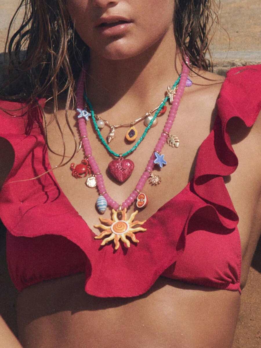 1 件夏日度假风格心形小盒旭日吊坠项链，海洋生物海星贝壳吊坠项链，海滩风情女士珠宝适合比基尼装、海滩、派对、日常穿着