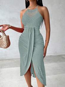 ChicMe Đầm nữ dáng chữ A không tay, xếp ly rỗng, xẻ tà phía trước, hở lưng, màu trơn, gợi cảm và thanh lịch, thích hợp cho kỳ nghỉ và dạ hội. - màu xanh lá - Xem 3