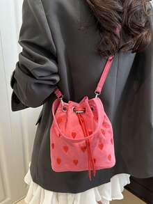 Y2k 美学单肩包 - 刺绣心形抽绳粉色迷你水桶包，女士斜挎包 | 可爱休闲和约会之夜时尚配饰，多用途单肩包 - 斜挎/斜跨/手提刺绣水桶包