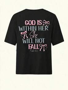Dios está en su corazón, ella no caerá - Camiseta negra holgada de manga corta, camiseta religiosa con versículo bíblico de Jesús Cristo para mujer. - Blanco - Ver 2