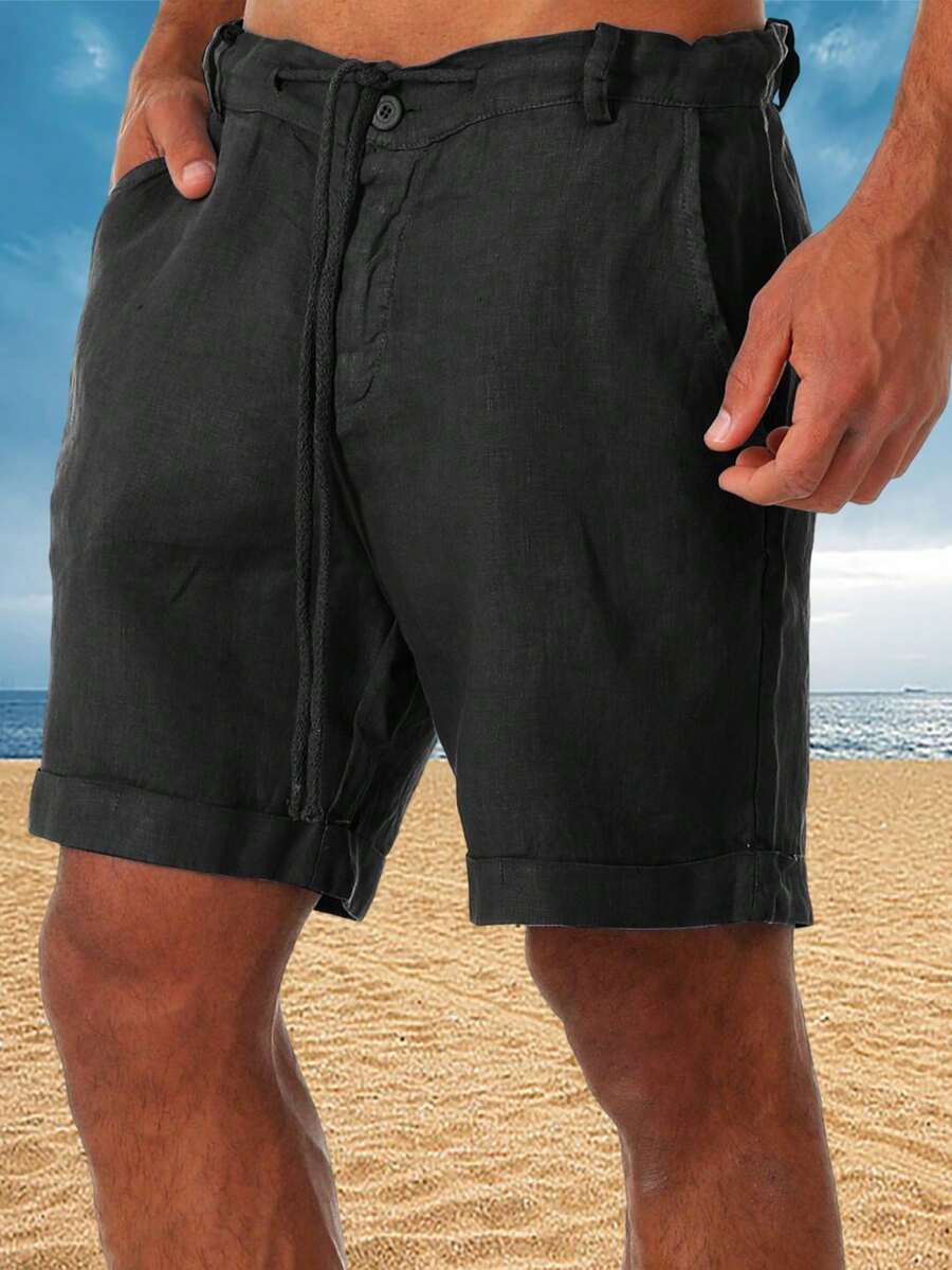 Men's Breathable Linen Beach Shorts, Summer Loose Men's Trousers - Hitam - View 1