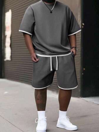 TAITONGMIAO Men's Casual Solid Color Round Neck Short Sleeve T-Shirt And Drawstring Waist Shorts Set, Global Fit