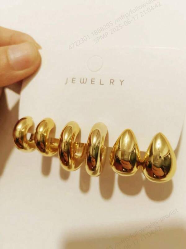 6pcs/Set Fashionable Metallic Shiny C-Shaped Hoop Earrings Set, Exaggerated Big Stud Earrings For Women, Daily Wear