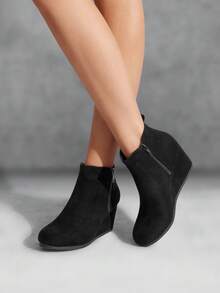 Women's Suede Low Hidden Wedge Heel Ankle Boots Round Toe Side Zipper Outside Zip For Decoration Good For Work And Date - màu đen - Xem 2
