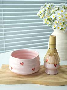 1pc/2pcs/4pcs/5pcs Pink Heart Ceramic Matcha Tea Set, Cute Matcha Utensils Combo Includes Matcha Bowl, Whisk And Stand, Bamboo Spoon, Sifter, Ideal For Matcha Lovers And Beginners, Great Gift For Mother's Day Back To School
