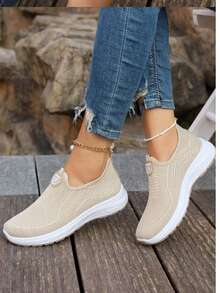 Plus Size Women's Summer Breathable Casual Shoes, Soft Sole Slip-On Shoes - Khaki - View 3
