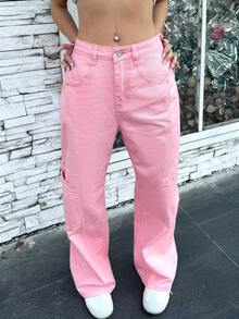 Y2K Boyfriend Style Splicing Patchwork Straight Leg Jeans - Pink - View 5