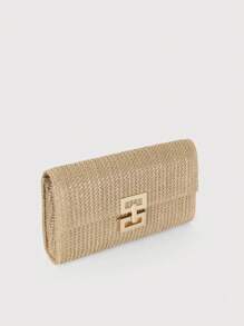 Bolso de playa con solapa con cierre de giro, de paja trenzada con cadena, tipo clutch