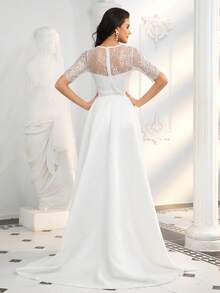 女士新娘婚纱，蕾丝短袖V领缎面及地优雅长裙，正式晚宴礼服，情人节白色春季款 - 白色 - 查看 2