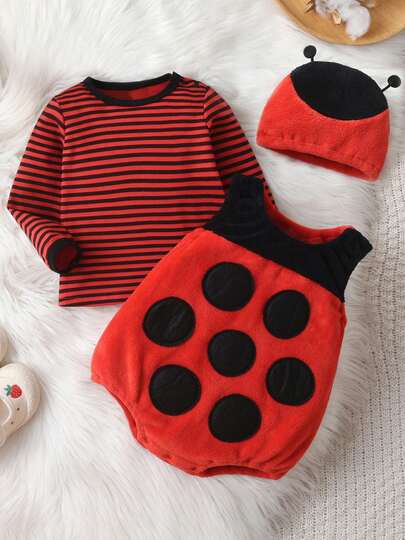 Baby Ladybug Costume, Long Sleeve Striped T-Shirt With Romper And Hat Halloween Clothes For Girls Boys