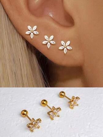 3 件不锈钢榄尖形 CZ 五瓣花杠铃耳钉 Srecw 球平背耳钉女士耳环，14K 镀金微型锆石，用于耳廓软骨耳轮波西米亚风格优雅穿孔珠宝