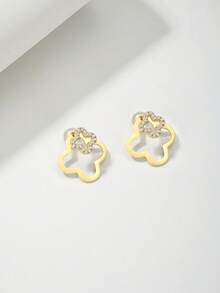 1 对小巧简约甜美风格 S925 银锆石镂空花朵耳钉，适合女性日常和约会夜佩戴 - 金色 - 查看 3