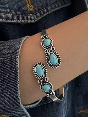 1 件时尚欧式简约复古泪滴开口手链，适合女性日常或沙滩佩戴