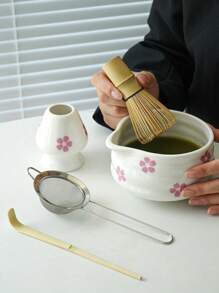 1pc/2pcs/4pcs/5pcs Cherry Blossom & Matcha Bowls Set, Japanese Tea Set Includes Matcha Bowl With Spout, Bamboo Matcha Whisk, Matcha Scoop, Whisk Stand, Stainless Steel Sieve, 5-Piece Perfect Matcha Set Back To School