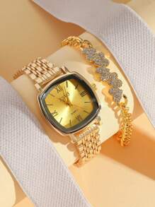 2 pièces/Set Montre femme rétro classique avec chiffres romains, boîtier carré, bracelet en paille de blé, ensemble montre mode et bracelet décoré d'un cœur, sans boîte cadeau