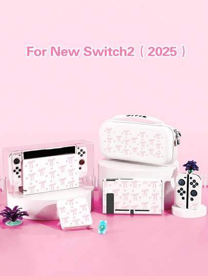 Switch 2 游戏主机配件：蝴蝶结和心形图案保护壳，兼容 Switch NS/Switch OLED/Switch Lite，另含收纳袋、卡带盒和充电底座。Switch 玩家最佳礼物，情人节表白或春季浪漫礼物的理想之选