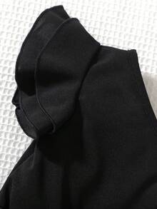 BASUSARRI 少女碎花荷叶边吊带连体裤，优雅通勤风夏季短裤，时尚优雅女童服装 - 黑色 - 查看 4