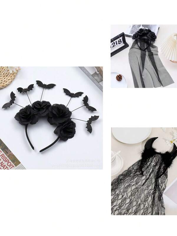 Halloween Netted Devil Headband, Black Horned Headband, Realistic Flower Netted Headband, Halloween Party Costume Headgear