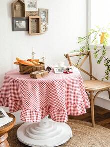 1pc Red Plaid Round Tablecloth, American Vintage Style With Ruffled Edge, Kitchen & Living Room Decor, Valentine's Day Dining Table Cloth - Multicolor - View 3