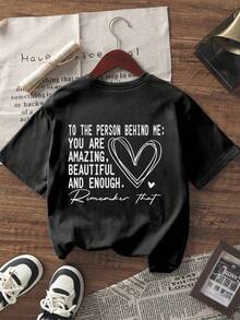 1 pezzo Top da donna a maniche corte oversize con scollo rotondo, 100% cotone, con stampa grafica a forma di cuore con lettere inglesi sul retro, ideale per viaggi, brunch, feste, primavera, estate e abbigliamento casual quotidiano. - nero - Visualizzare 4