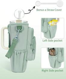 Water Bottle Carrier Bag With Phone Pocket For 30oz 40oz Tumbler With Handle Accessories Insulated Water Bottle Holder Pouch With Strap Water Bottle Sling Bag Crossbody With Straw Cover - 軍綠色 - 查看 6