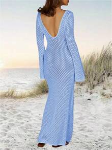 Womens Crochet Maxi Cover Up Dress Long Sleeve Bodycon Summer Swimwear Beach Knit Dresses - 藍色 - 查看 5