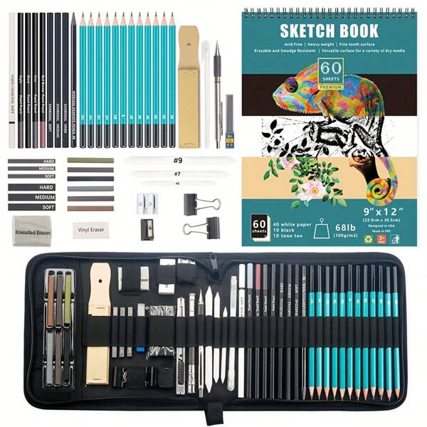 New 50pcs Sketch Tool Set, High-Gloss Metal Pen, Charcoal Pen, Pencil Drawing Art Sketch Set, Artist, Teenager, Adult Gift Set, Suitable For First Day Of School Gifts, Thoughtful Gifts For Partners And Family Members