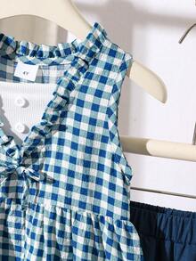 女童休闲格子无袖上衣和短裤两件套，幼儿 - 藍色 - 查看 5